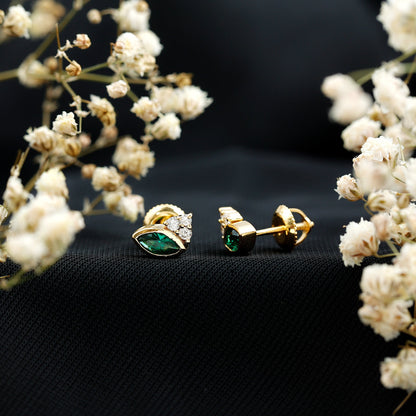 Marquise Shape 0.6 Carat Lab Grown Emerald Stud Earrings with Diamond Trio