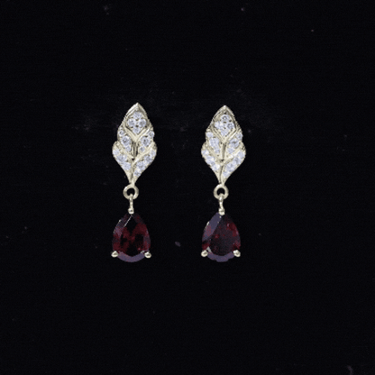 Genuine 3 Carat Garnet Teardrop Earrings with Diamond Leaf