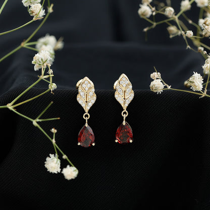 Genuine 3 Carat Garnet Teardrop Earrings with Diamond Leaf