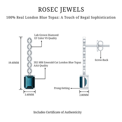 Half Carat Emerald Cut London Blue Topaz Dangle Drop Earrings with Diamond