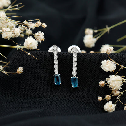 Half Carat Emerald Cut London Blue Topaz Dangle Drop Earrings with Diamond