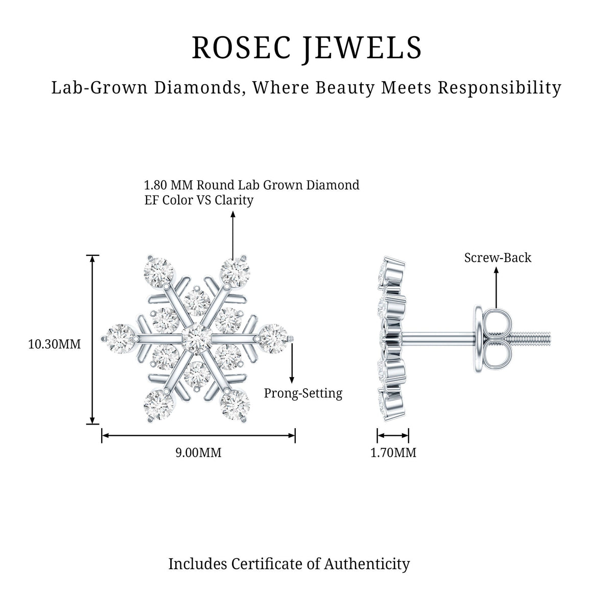 Lab Created Diamond Snowflake Stud Earrings With Screw Back