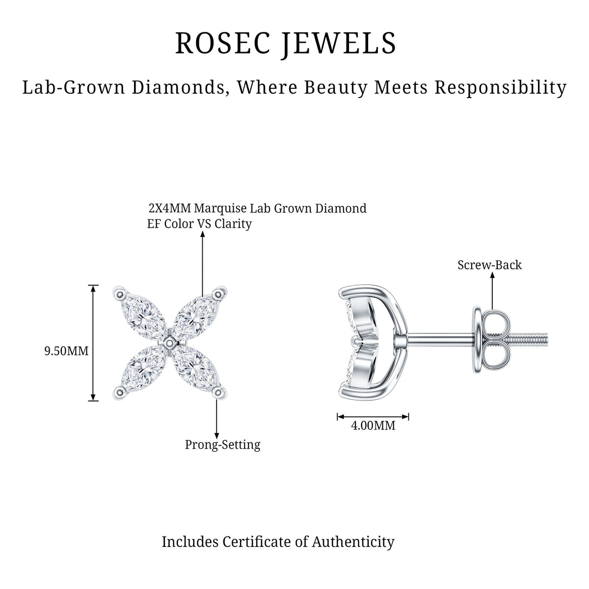 Certified Lab Grown Diamond Flower Earrings With Screw Back