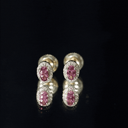 Genuine Oval Shaped Pink Tourmaline and Diamond Halo Stud Earrings