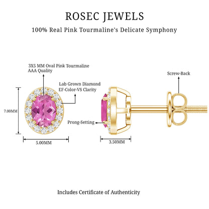 Genuine Oval Shaped Pink Tourmaline and Diamond Halo Stud Earrings