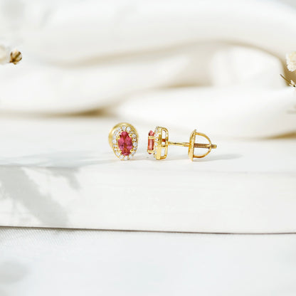 Genuine Oval Shaped Pink Tourmaline and Diamond Halo Stud Earrings