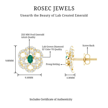 Yellow Gold Plated Silver Lab Grown Emerald Diamond Flower Stud Earrings for Women