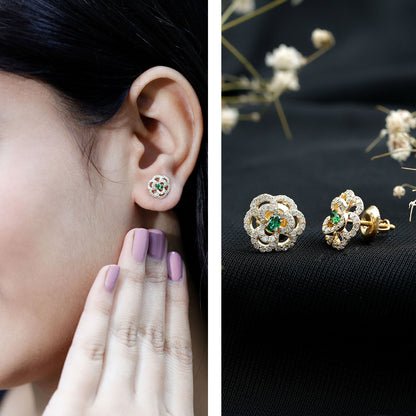 Yellow Gold Plated Silver Lab Grown Emerald Diamond Flower Stud Earrings for Women