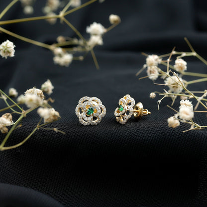Yellow Gold Plated Silver Lab Grown Emerald Diamond Flower Stud Earrings for Women