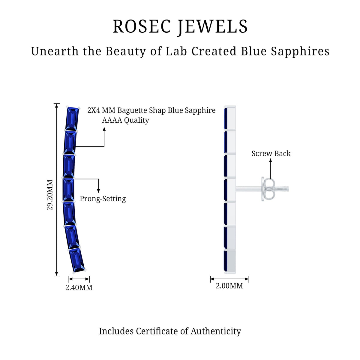 Baguette Cut Lab Grown Blue Sapphire Climber Earrings