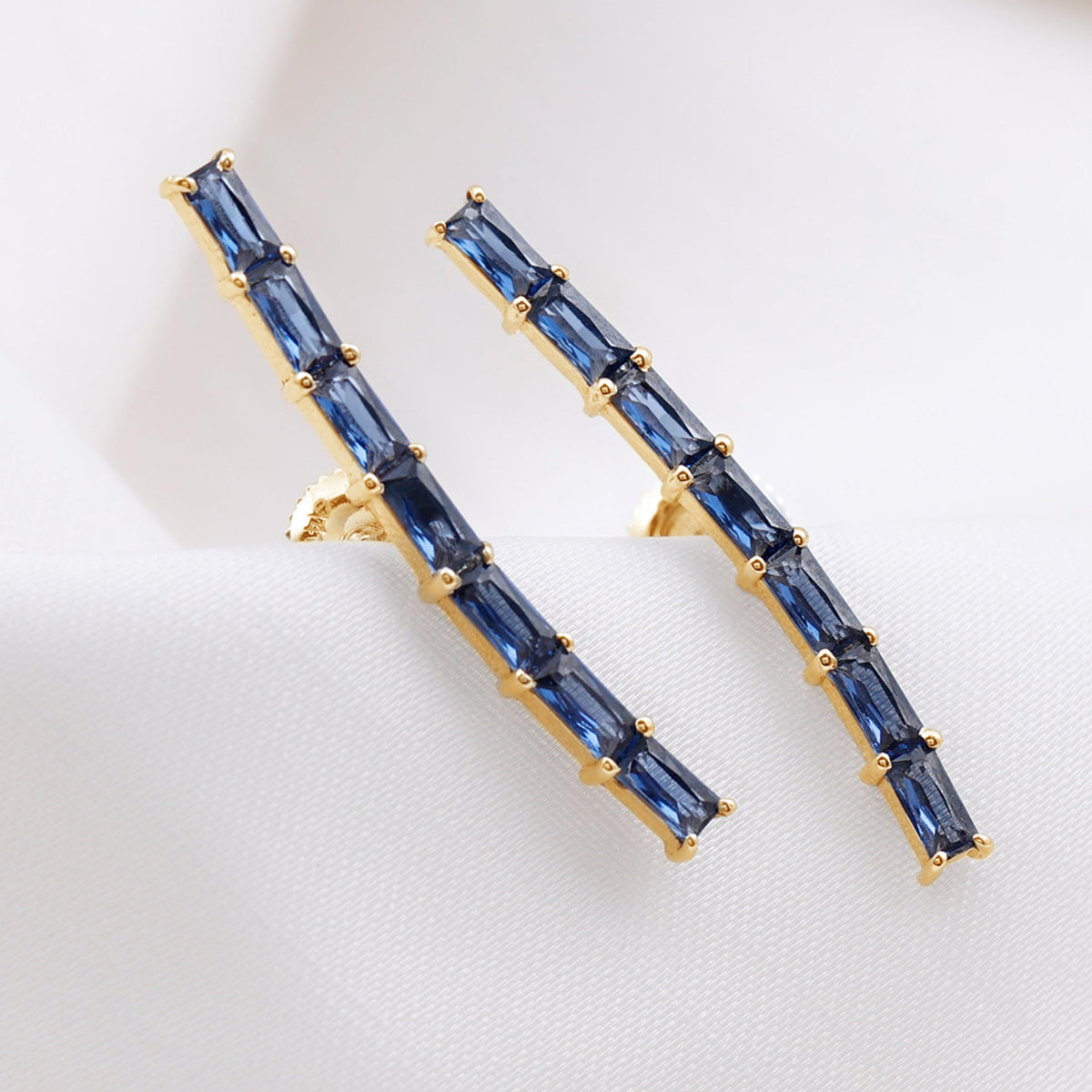 Baguette Cut Lab Grown Blue Sapphire Climber Earrings