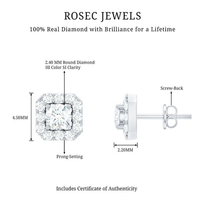 Minimalist Natural Diamond Halo Stud Earrings with Screw Back