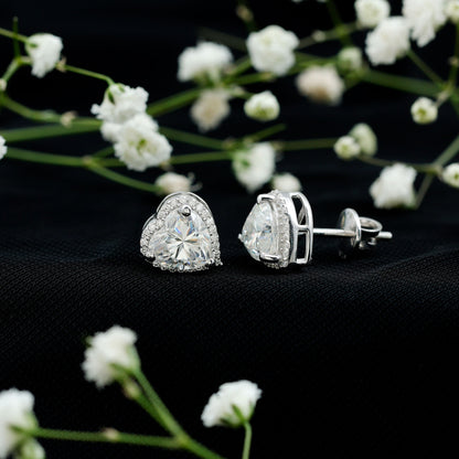 Certified Moissanite Heart Stud Earrings with Halo