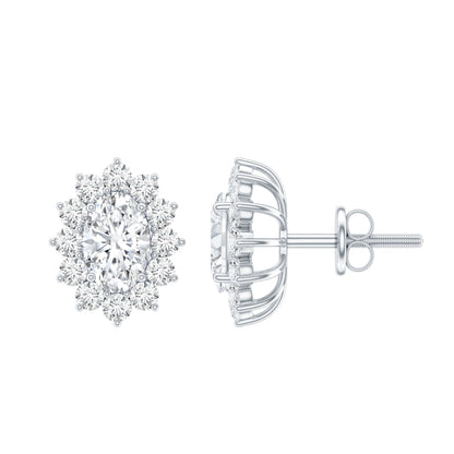 Certified Oval Shaped Moissanite Halo Stud Earrings in Silver