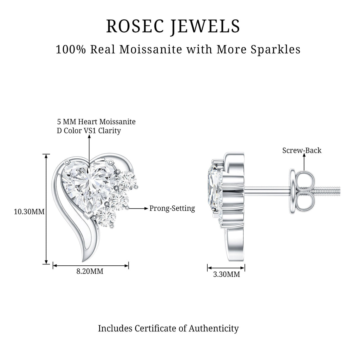 Heart Shape Moissanite Stud Earrings with Screw Back