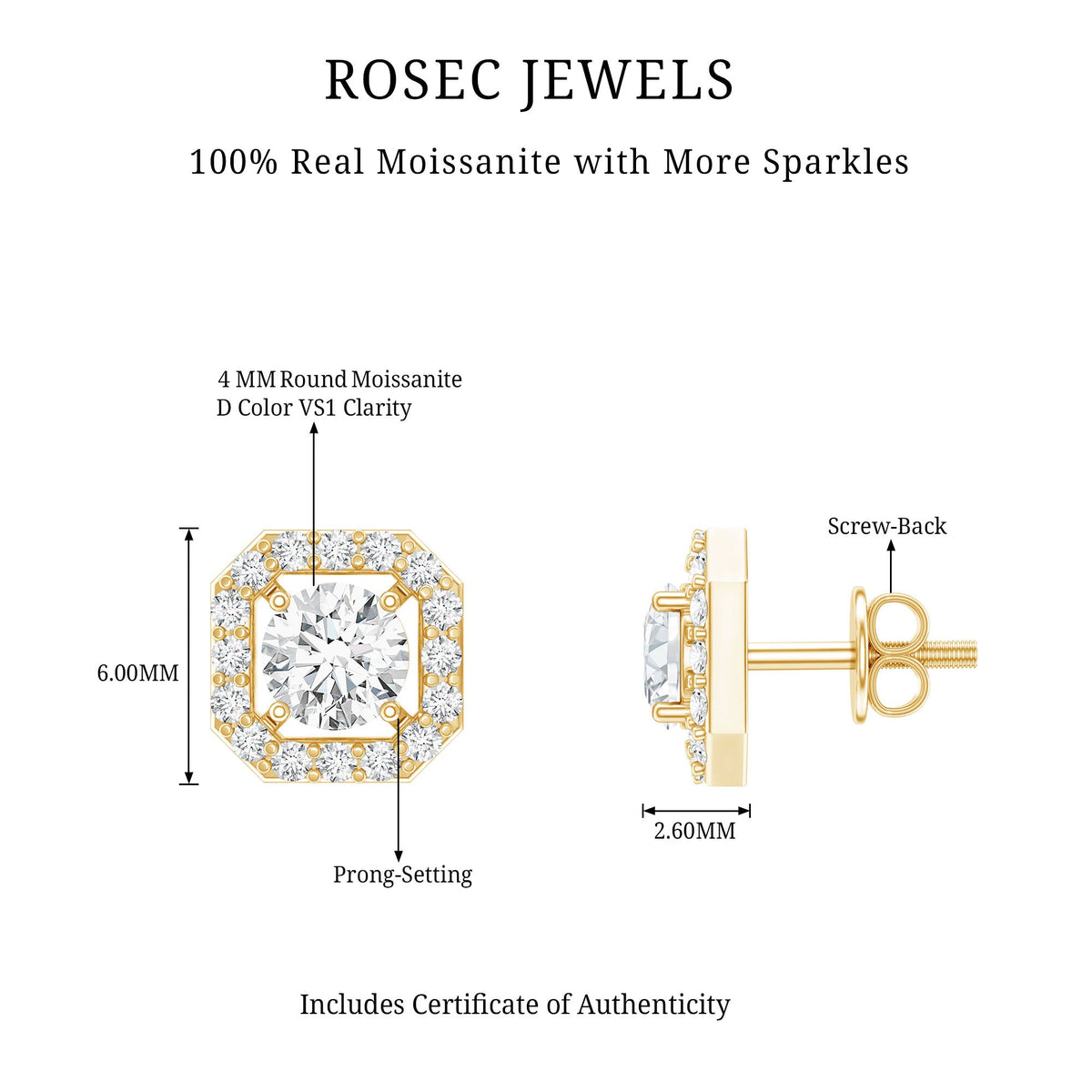 Round Cut Certified Moissanite Halo Stud Earrings with Screw Back