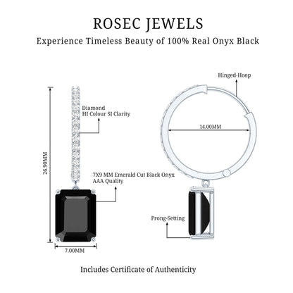 Natural 3.6 Carat Emerald Cut Black Onyx Hoop Drop Earrings with Diamond