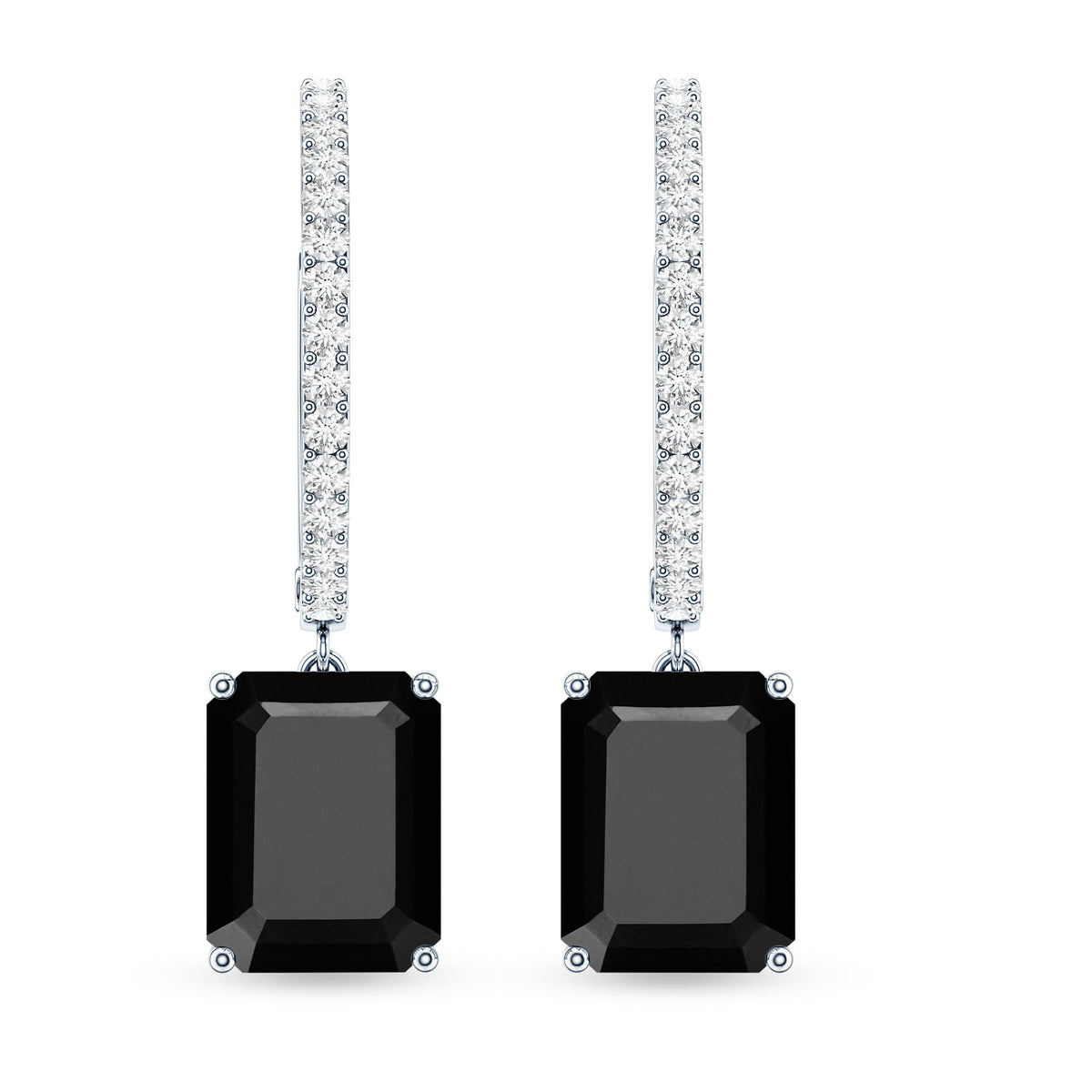 Natural 3.6 Carat Emerald Cut Black Onyx Hoop Drop Earrings with Diamond