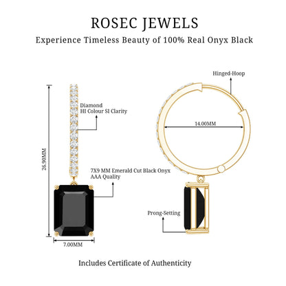 Natural 3.6 Carat Emerald Cut Black Onyx Hoop Drop Earrings with Diamond
