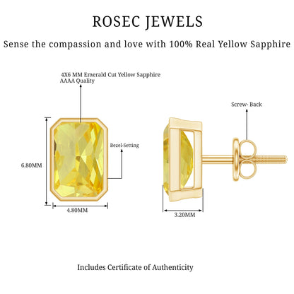 Certified 1.5 Carat Emerald Cut Lab Grown Yellow Sapphire Stud Earrings