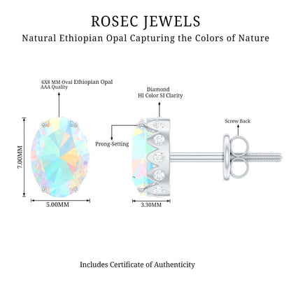 Natural 2.4 Carat Oval Ethiopian Opal Classic Stud Earrings with Diamond