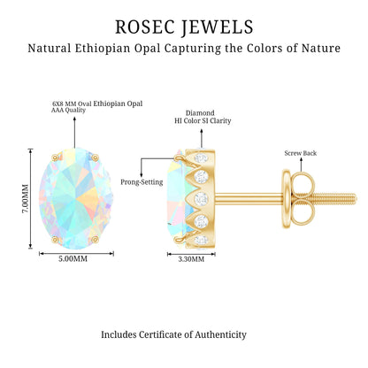 Natural 2.4 Carat Oval Ethiopian Opal Classic Stud Earrings with Diamond