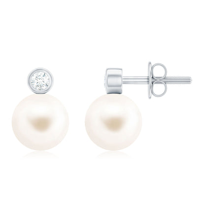 Genuine Freshwater Pearl Diamond Stud Earrings with Screw Back