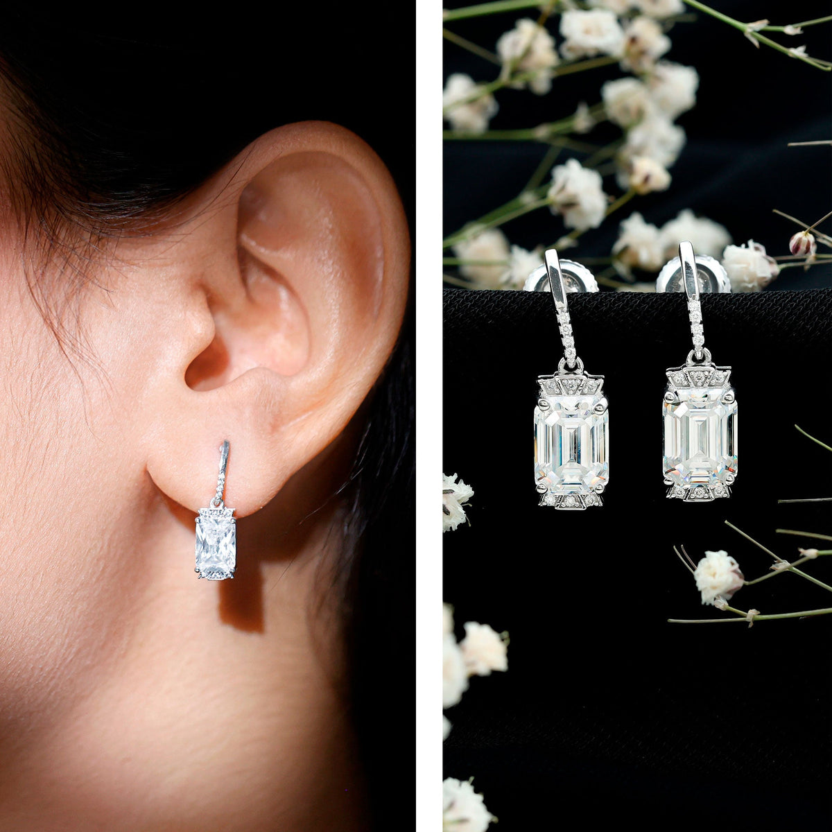 3.5 Carat Emerald Cut Moissanite Drop Earrings for Women