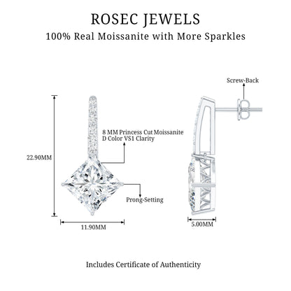 Certified 6 Carat Princess Cut Moissanite Drop Earrings in Silver