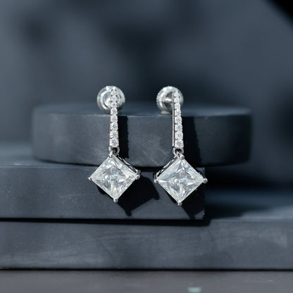 Certified 6 Carat Princess Cut Moissanite Drop Earrings in Silver