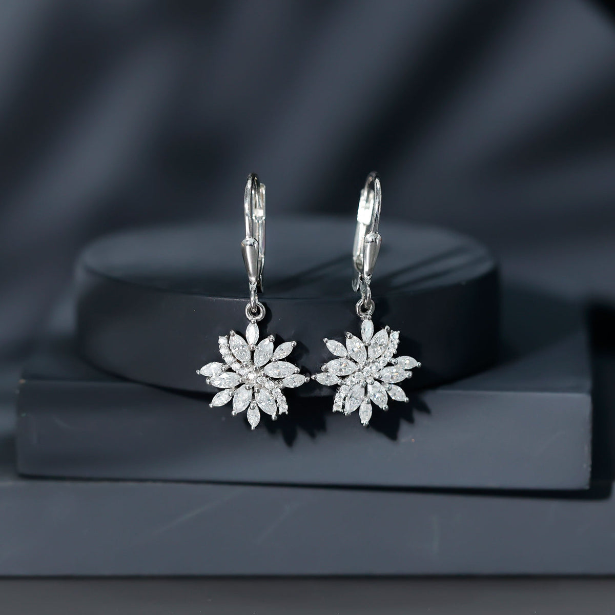 Sterling Silver Moissanite Drop Flower Earrings with Lever Back