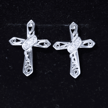 Certified Moissanite Vintage Cross Stud Earrings in Silver