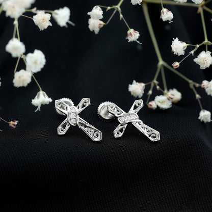 Certified Moissanite Vintage Cross Stud Earrings in Silver