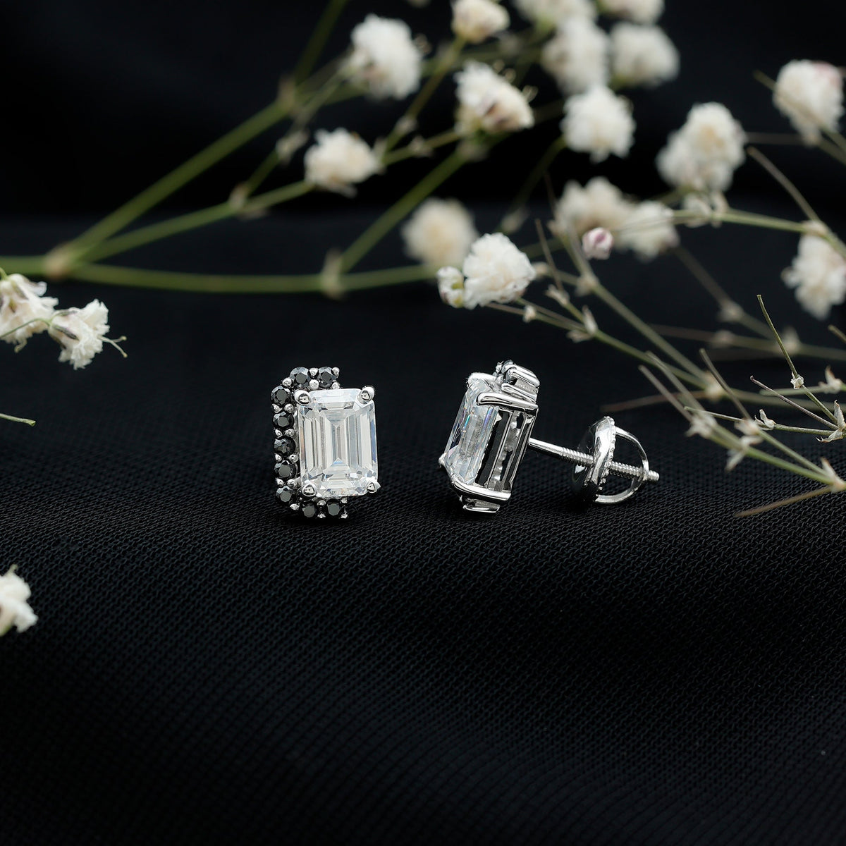 Certified 3.4 Carat Moissanite Stud Earrings with Lab Grown Black Diamond