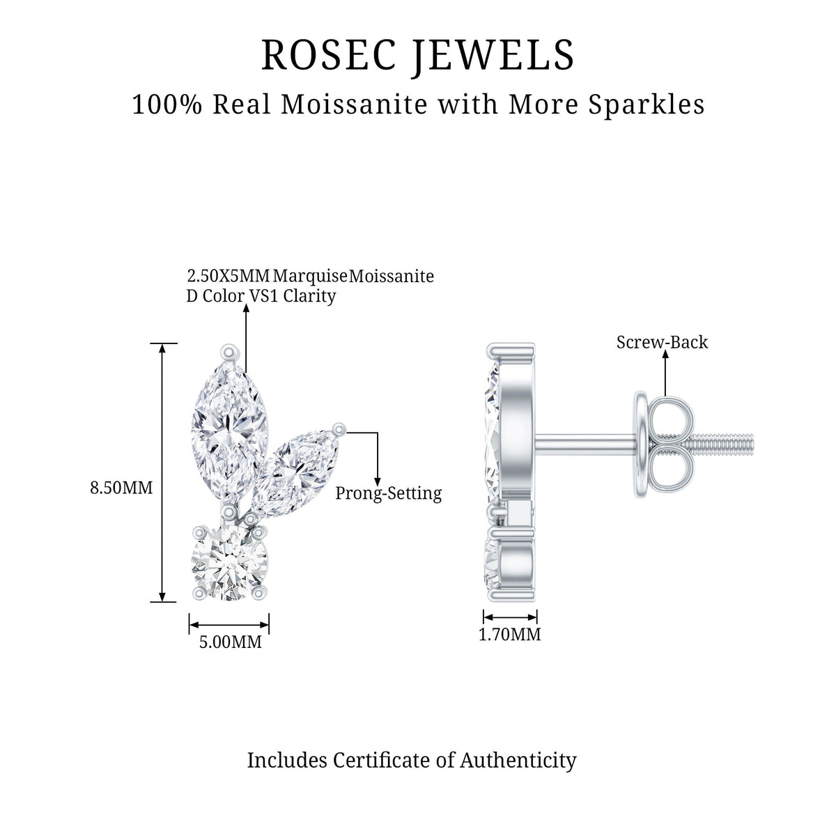 Certified Moissanite Playboy Stud Earrings in 14K Gold Plated Silver