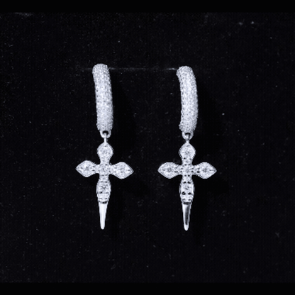 Vintage Inspired Moissanite Cross Dangle Earrings in Silver