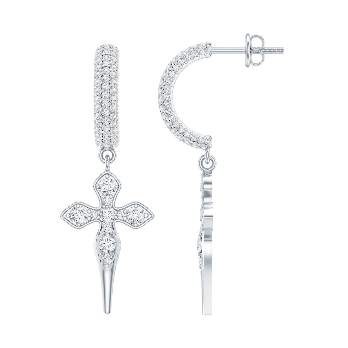 Vintage Inspired Moissanite Cross Dangle Earrings in Silver