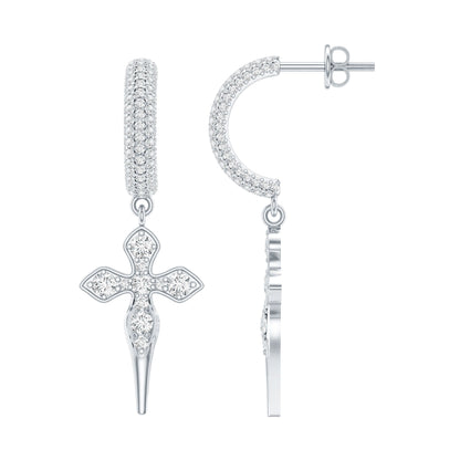 Vintage Inspired Moissanite Cross Dangle Earrings in Silver