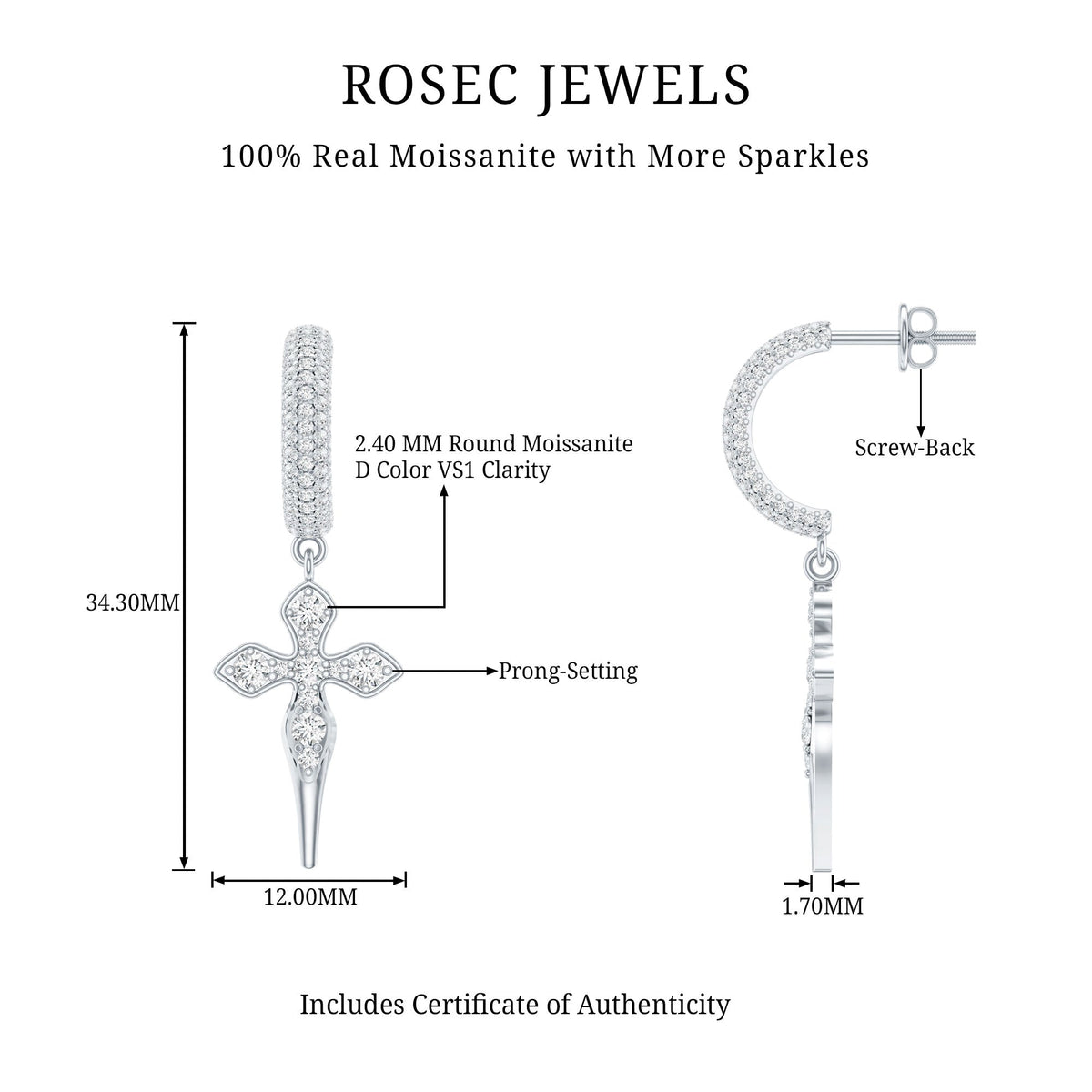 Vintage Inspired Moissanite Cross Dangle Earrings in Silver