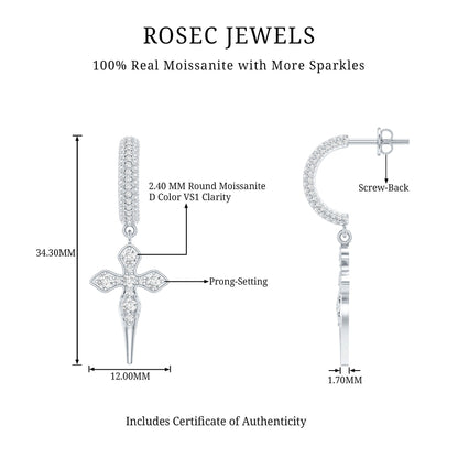 Vintage Inspired Moissanite Cross Dangle Earrings in Silver