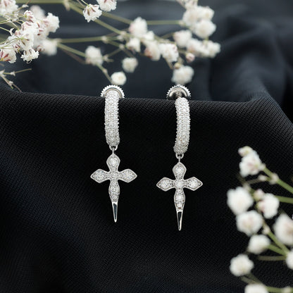 Vintage Inspired Moissanite Cross Dangle Earrings in Silver