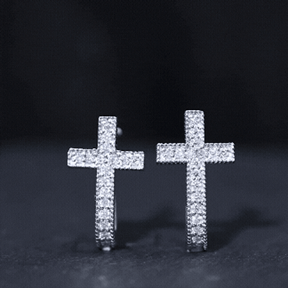 Certified Moissanite Cross J Hoop Earrings in Sterling Silver