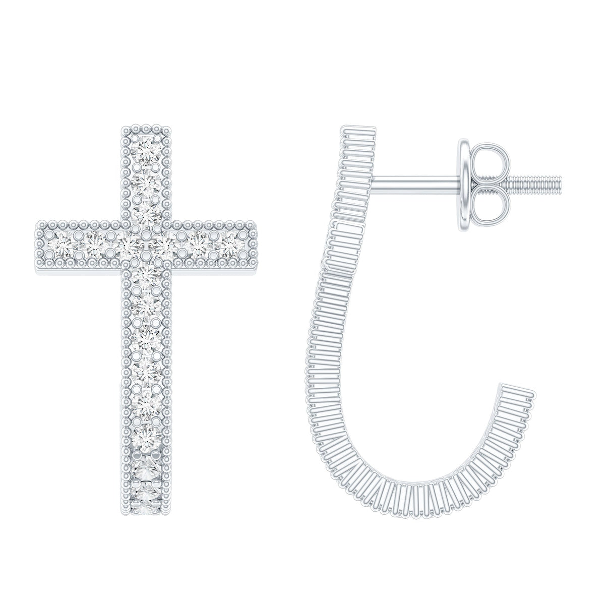 Certified Moissanite Cross J Hoop Earrings in Sterling Silver