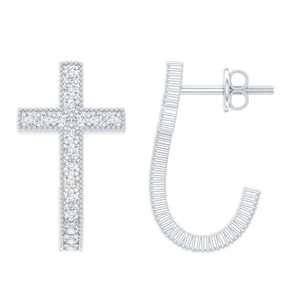 Certified Moissanite Cross J Hoop Earrings in Sterling Silver