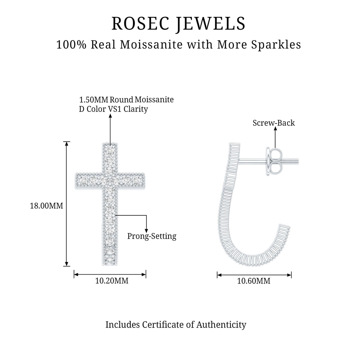 Certified Moissanite Cross J Hoop Earrings in Sterling Silver