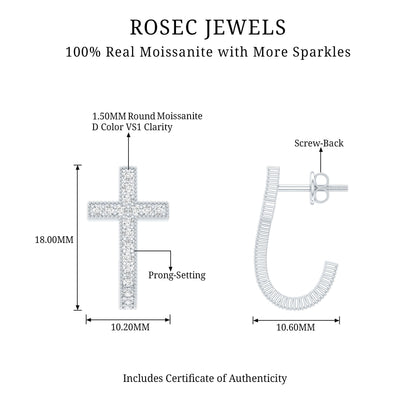 Certified Moissanite Cross J Hoop Earrings in Sterling Silver