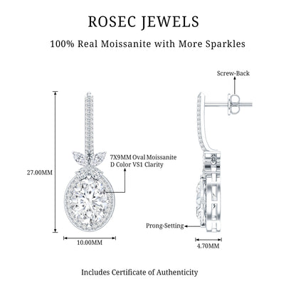 Certified 7X9 MM Oval Moissanite Wedding Drop Earrings with Screw Back