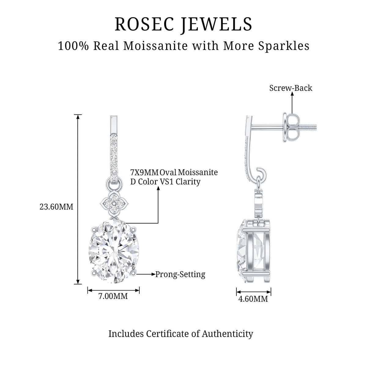 Certified Oval Shaped 4 Carat Moissanite Dangle Drop Earrings for Women