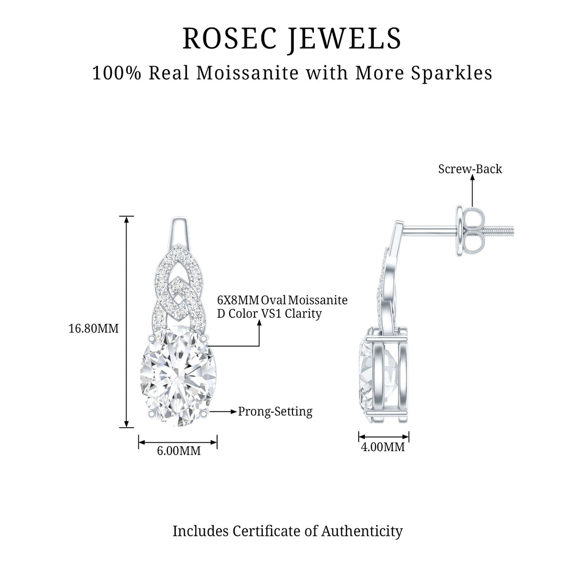 Certified 2.58 Carat Oval Moissanite Drop Earrings with Screw Back