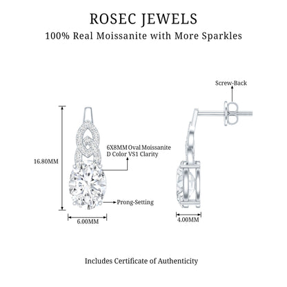 Certified 2.58 Carat Oval Moissanite Drop Earrings with Screw Back